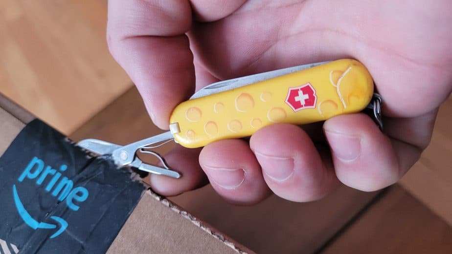 Yellow Swiss Army Classic SD cutting open box